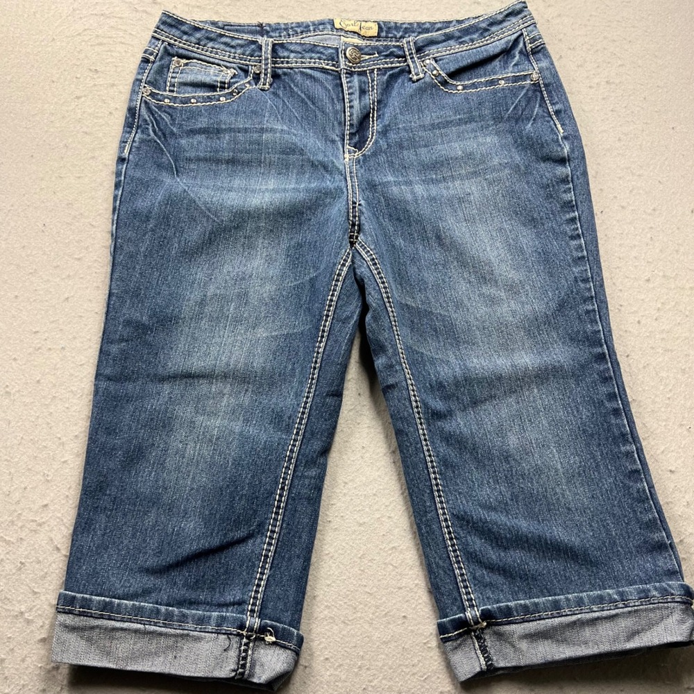 Earl Jean Womens Size 12 Capri Jeans Blue‎ Embellished Cross Pockets Cuffed Y2K